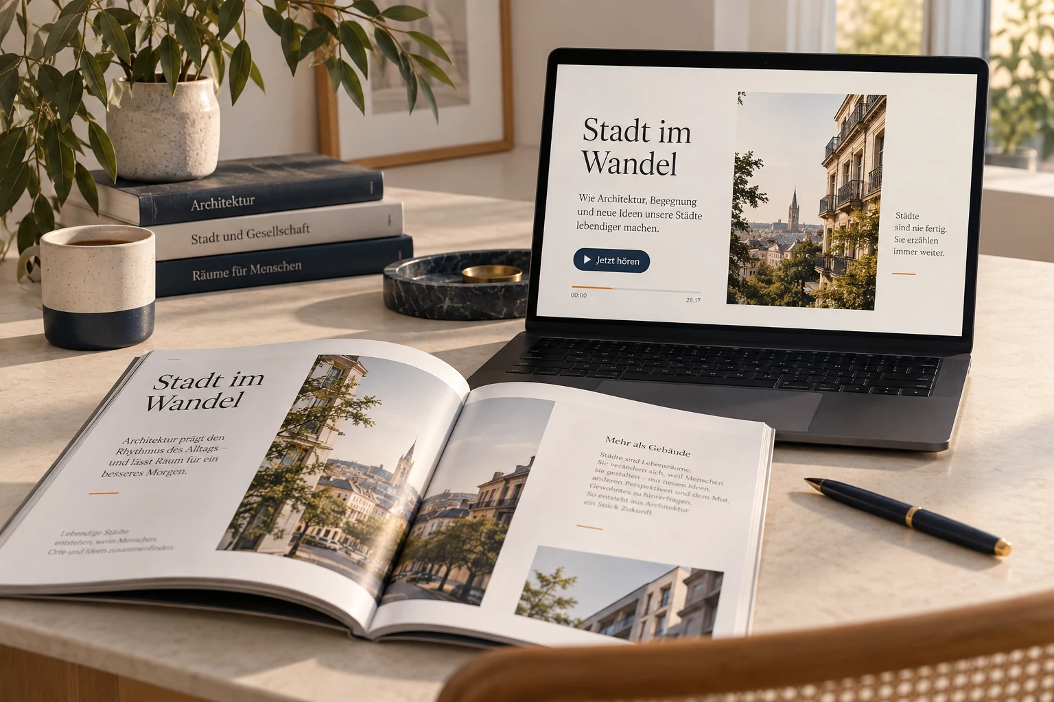 A magazine article also appears on a laptop with an audio option.