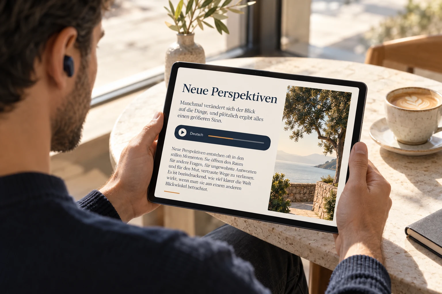 Un lettore ascolta e legge un articolo di rivista su un tablet.
