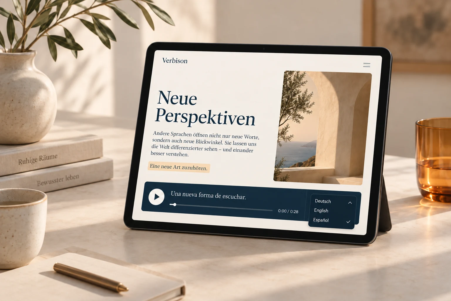 A tablet shows a German article and the corresponding Spanish sentence in its audio player.