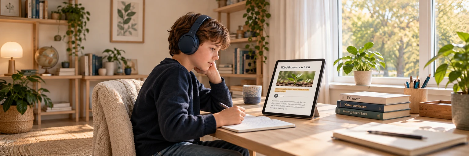 Un bambino ascolta un testo sulle piante, segue la lettura e prende appunti.