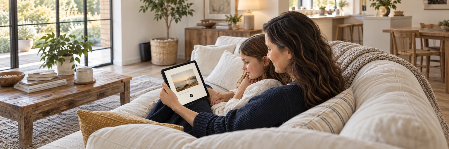 Une fille et un adulte qui l’accompagne écoutent et lisent ensemble sur une tablette.