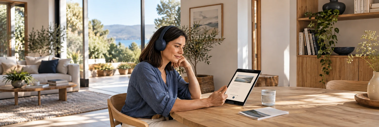 Une femme écoute et lit un article d’information sur une tablette dans un cadre calme.