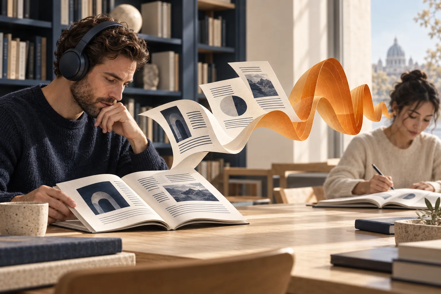 Illustration: adults study with written materials and headphones in a library.