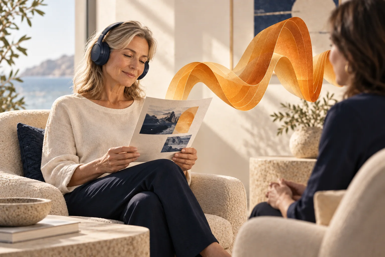 Illustration: a woman reads and listens to information in a calm advice setting.