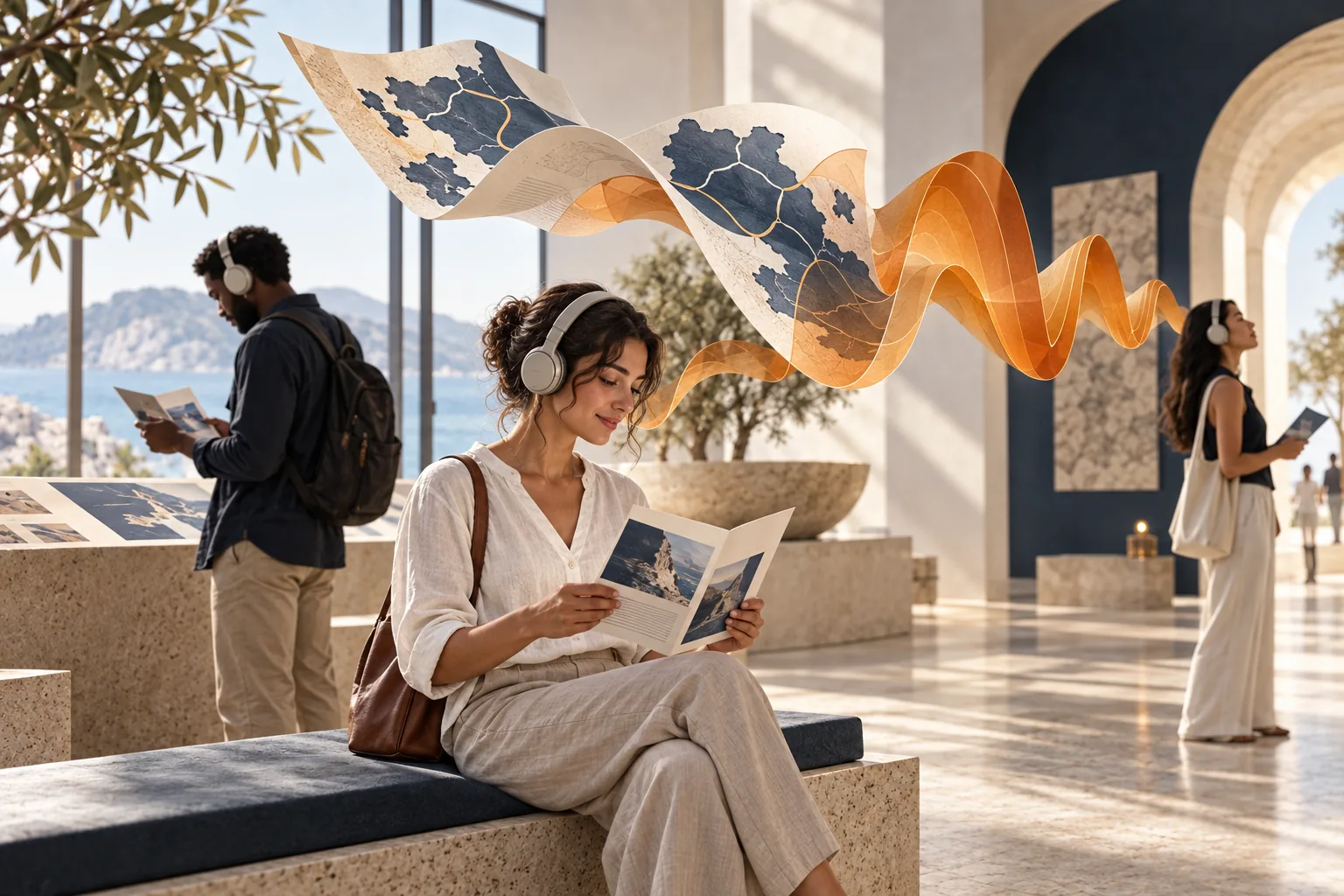 Illustration: international visitors listen to and read information at a visitor centre.