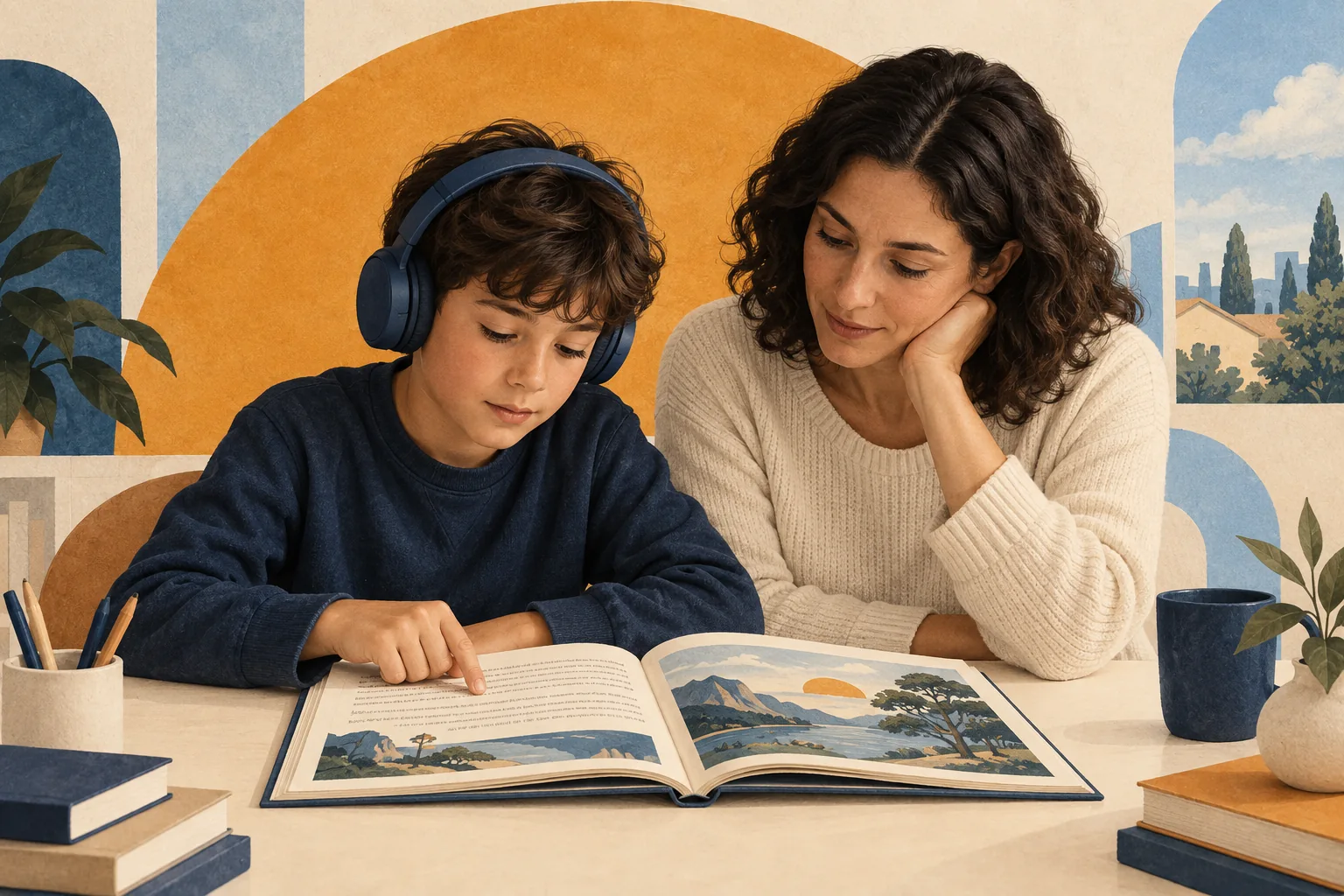 Illustration: Ein Kind hört mit Kopfhörern und liest gemeinsam mit einer erwachsenen Person mit.