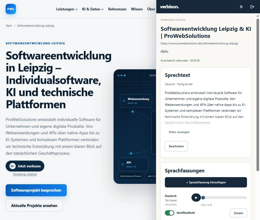 Le véritable On-Page Studio Verbison à côté du site ProWebSolutions, avec le texte à lire et les versions linguistiques dans le contexte de la page.