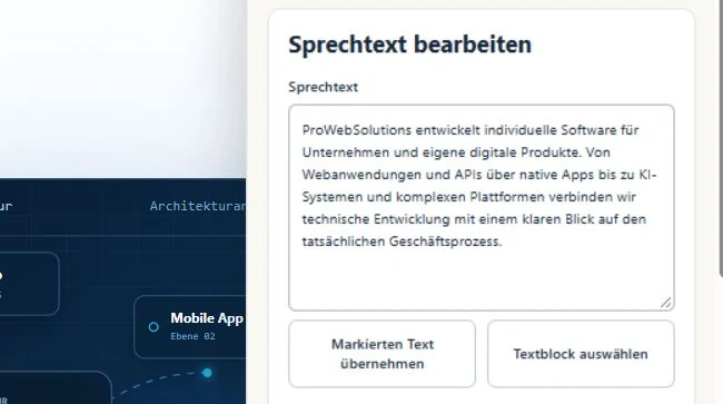 Éditeur réel du texte à lire dans le Studio intégré de Verbison, à côté du site ProWebSolutions.