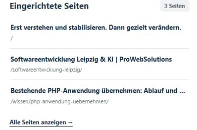 Inventaire réel de Verbison : titres et URL des pages publiques de ProWebSolutions, avec accès au Studio.