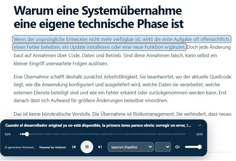 Version espagnole publiée dans le lecteur Verbison, avec le paragraphe allemand correspondant surligné sur le site ProWebSolutions.