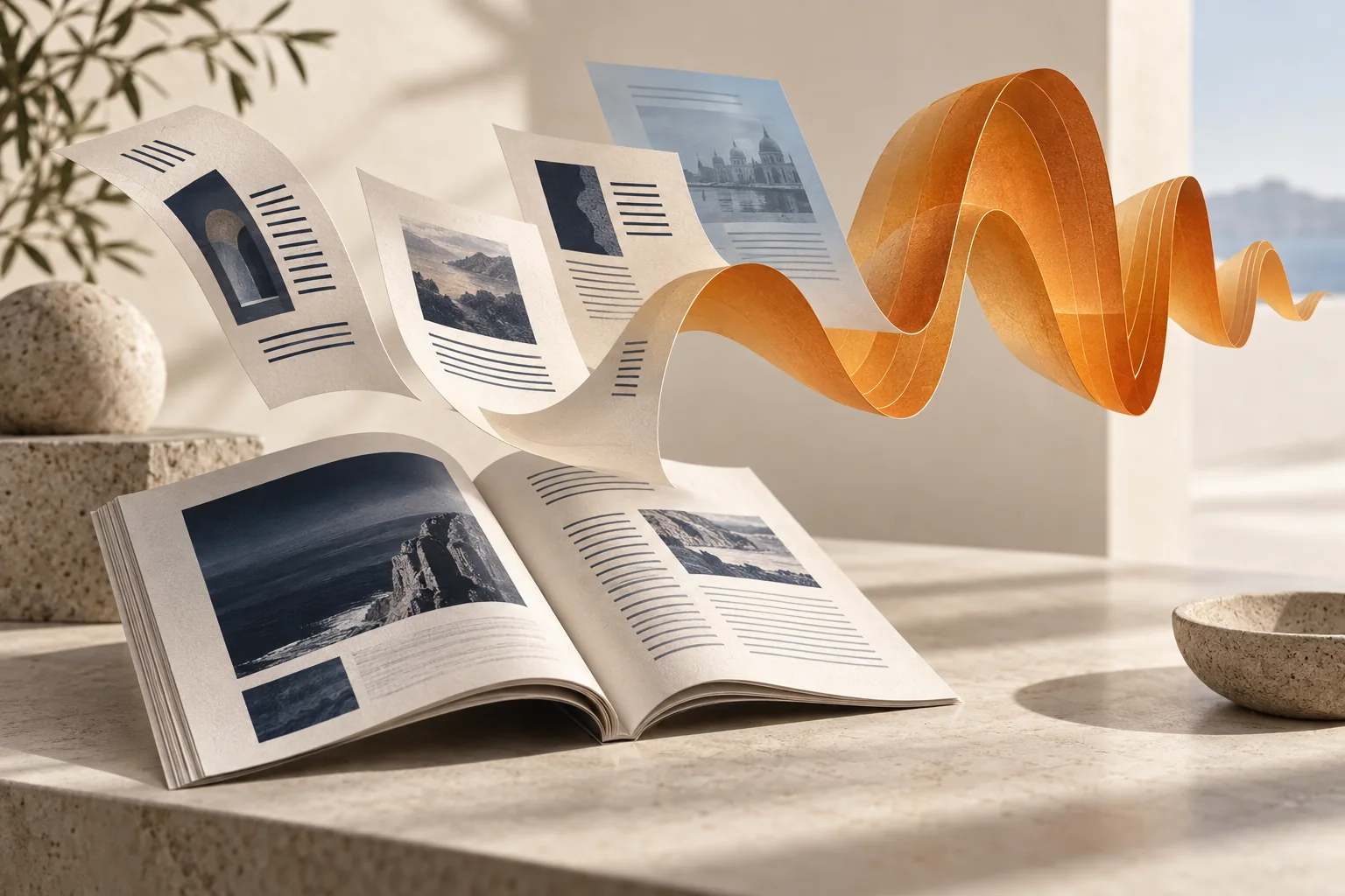 Illustration: Magazinseiten verwandeln sich in ein räumliches Klangband.